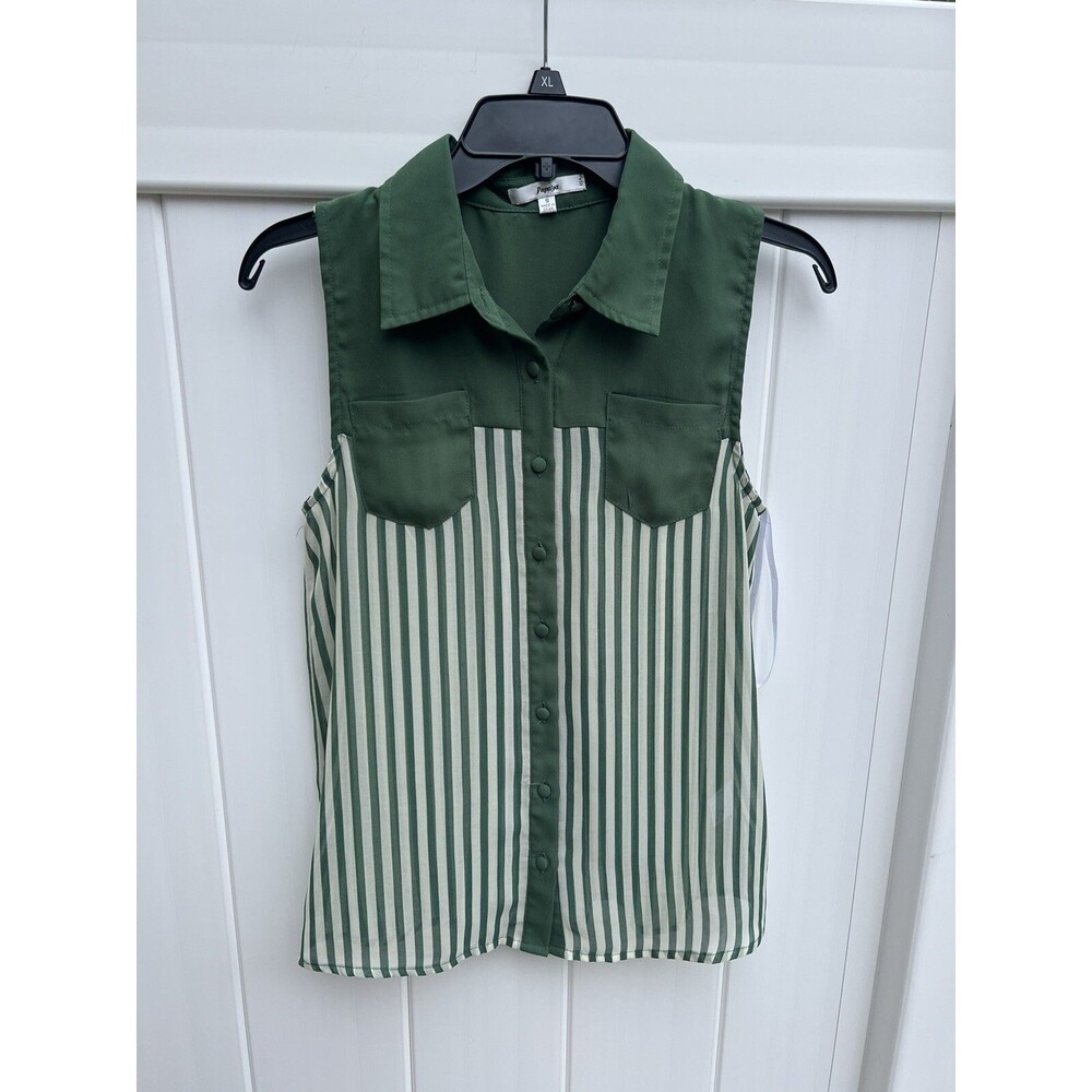 Papaya Womens Sheer Sleeveless Collared Button Up Green Striped Sz Small